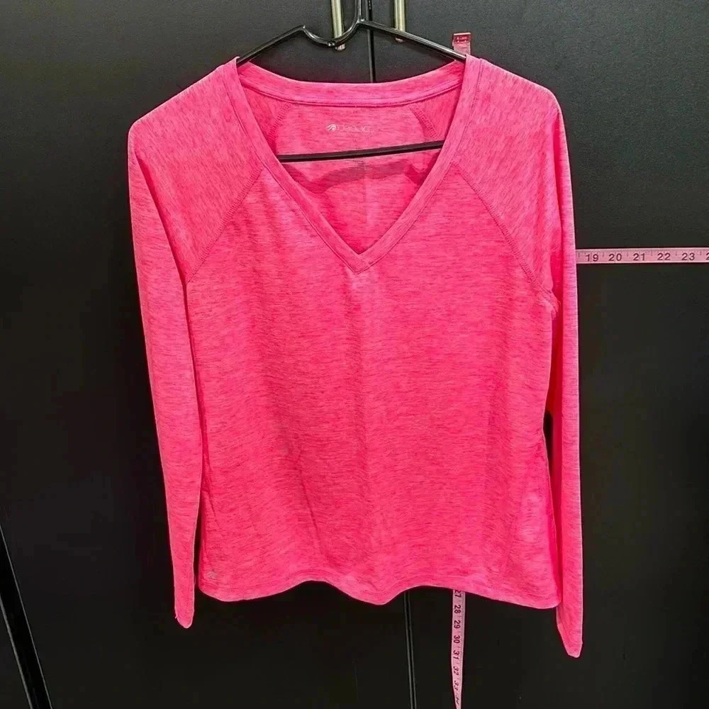 Ideology Athletic long sleeve, v-neck, lightweight top, polyester,heathered pink